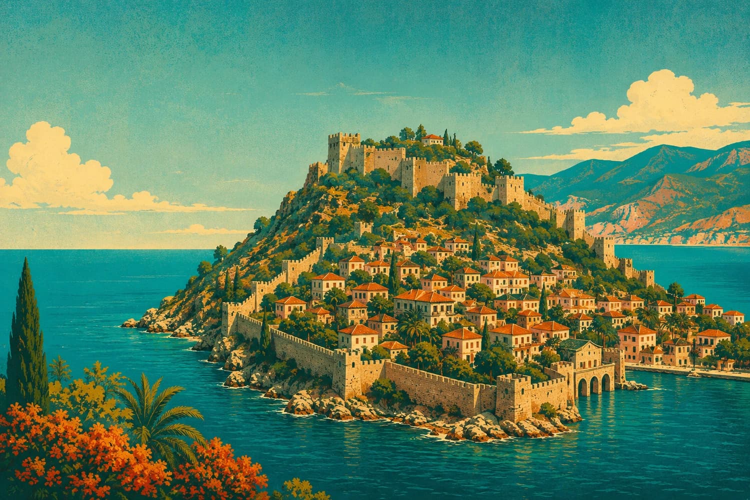 Alanya Kalesi'nin surları ve yarımada, vintage seyahat afişi tarzında