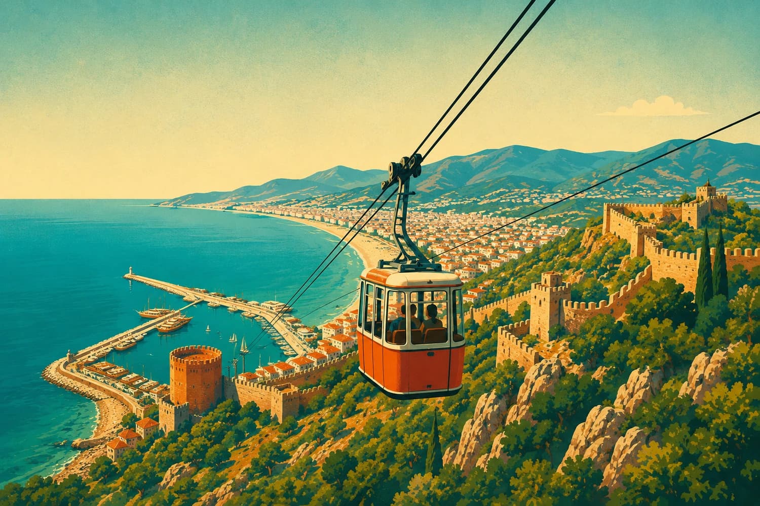 Le téléphérique d'Alanya au-dessus de la plage de Cléopâtre, dans le style d'une affiche de voyage vintage