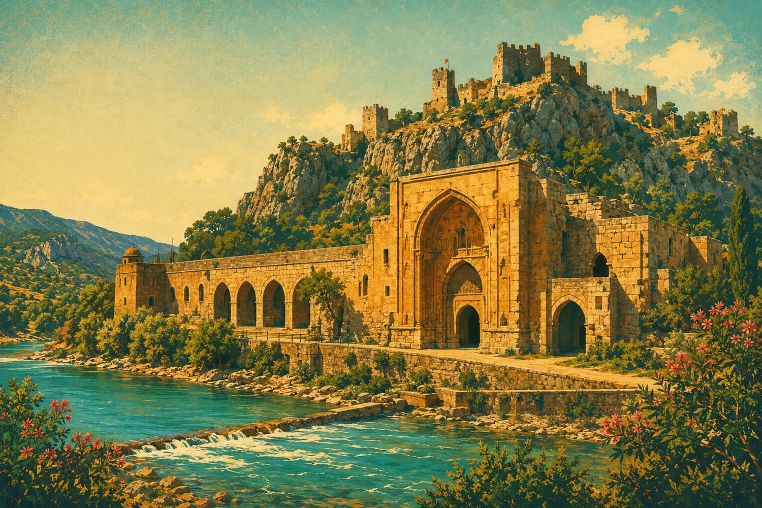 Alara Han'ın taş avlusu ve kervan yolu, vintage seyahat afişi tarzında
