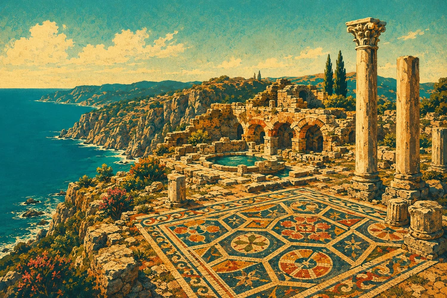 Les ruines au sommet de la falaise d'Antiochia ad Cragum, dans le style d'une affiche de voyage vintage