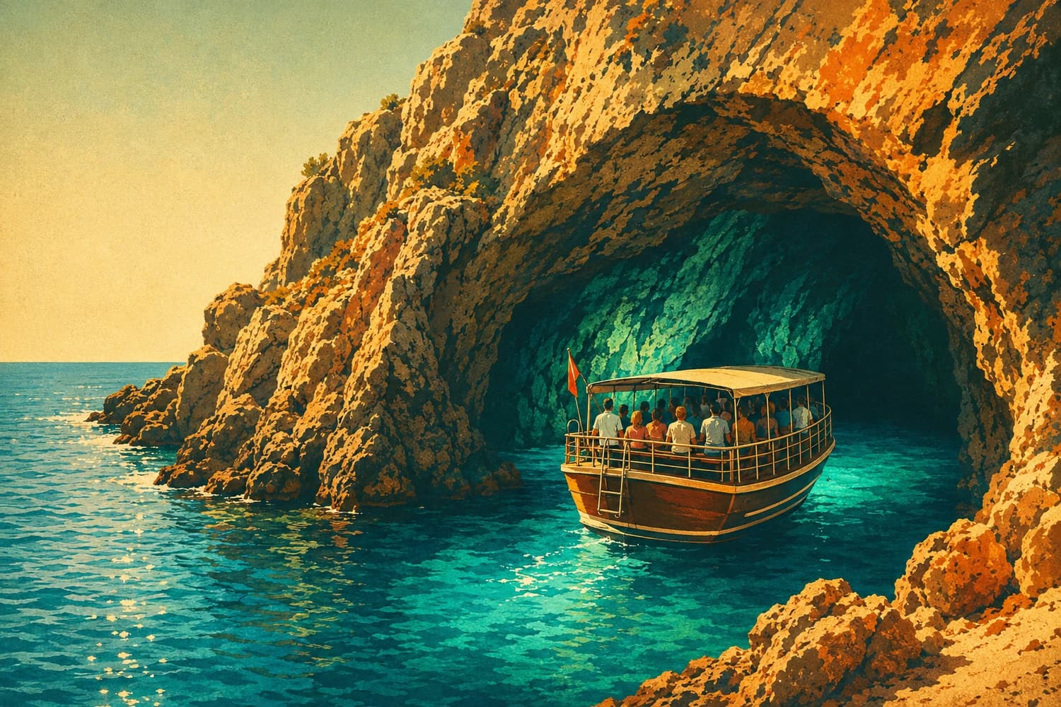 L'entrée de la grotte des Amoureux, face à la mer, dans le style d'une affiche de voyage vintage