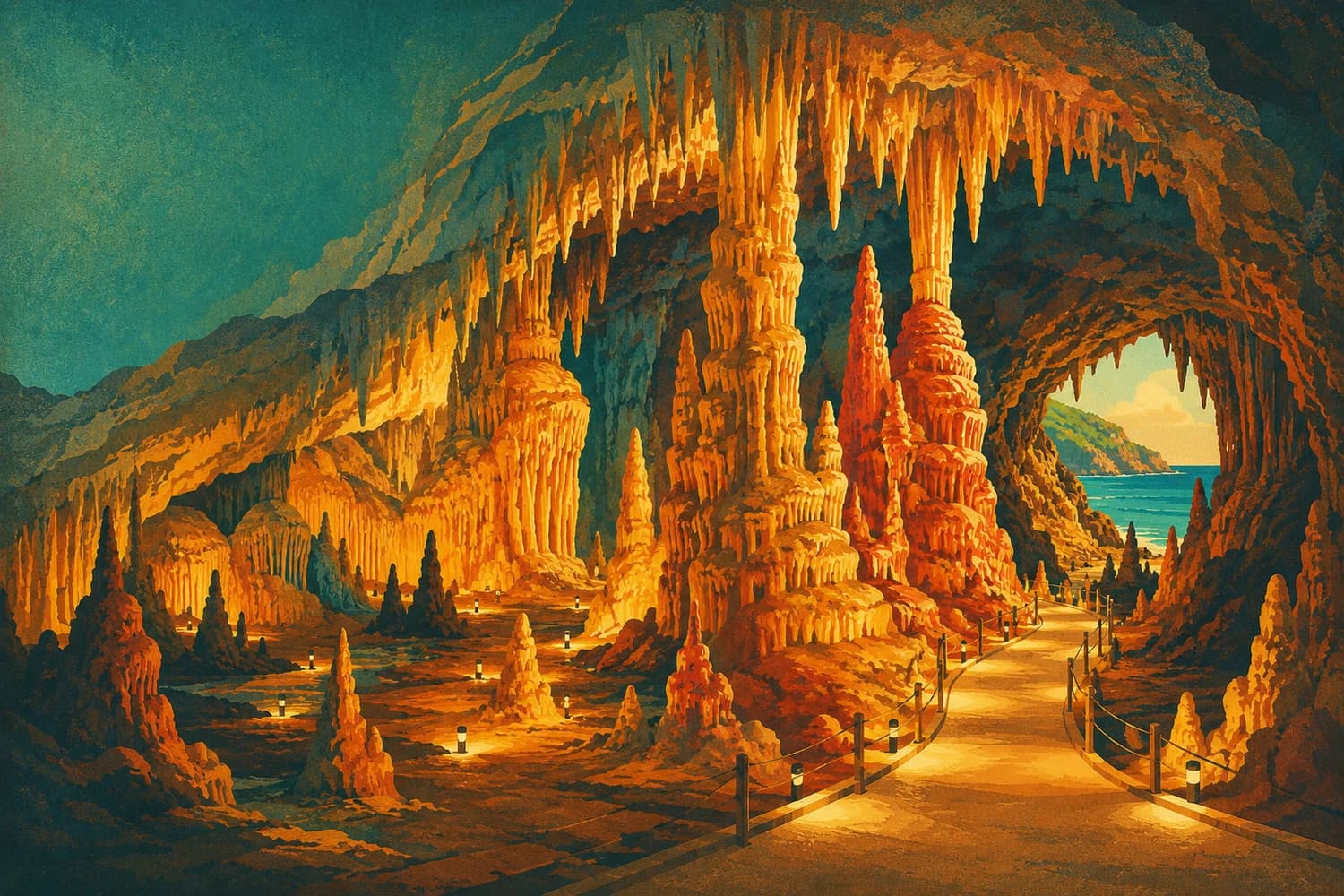 Les stalactites de la grotte de Damlataş, dans le style d'une affiche de voyage vintage