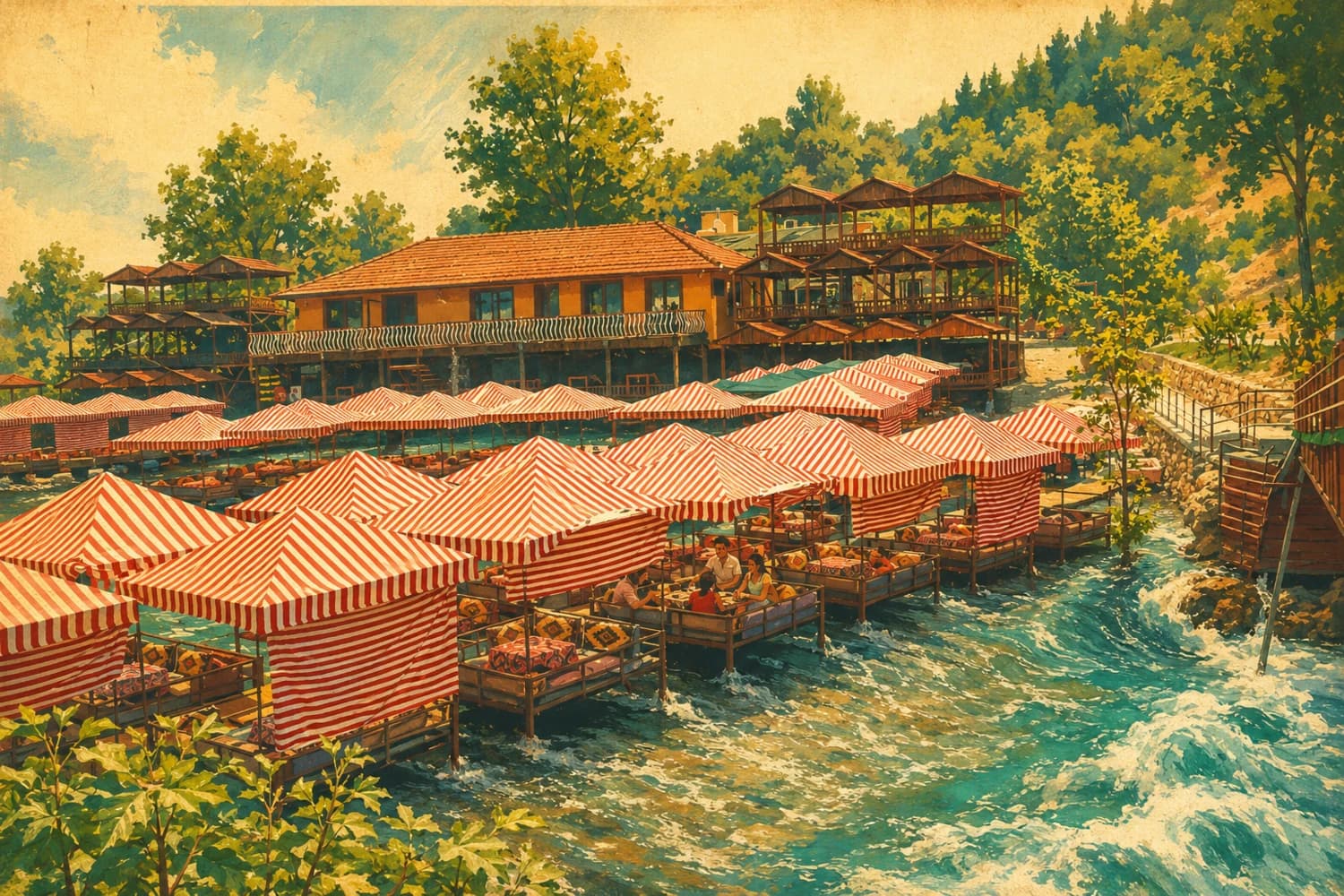 Les plateformes de pique-nique en bois au-dessus de la rivière Dim, dans le style d'une affiche de voyage vintage