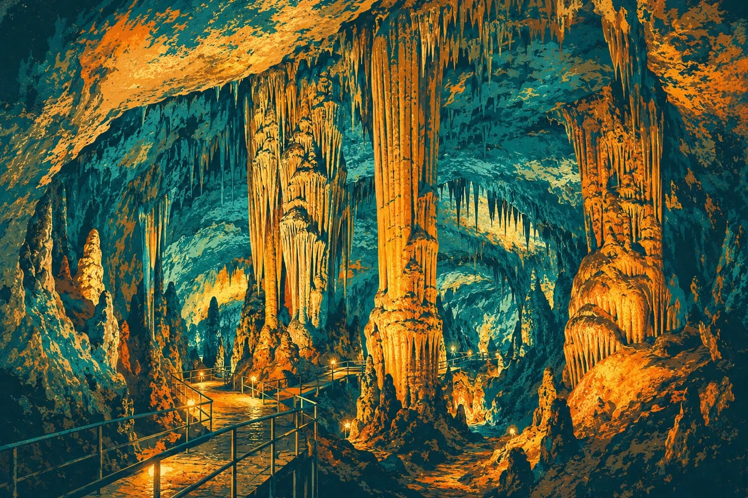 Les galeries et le lac souterrain de la grotte de Dim, dans le style d'une affiche de voyage vintage