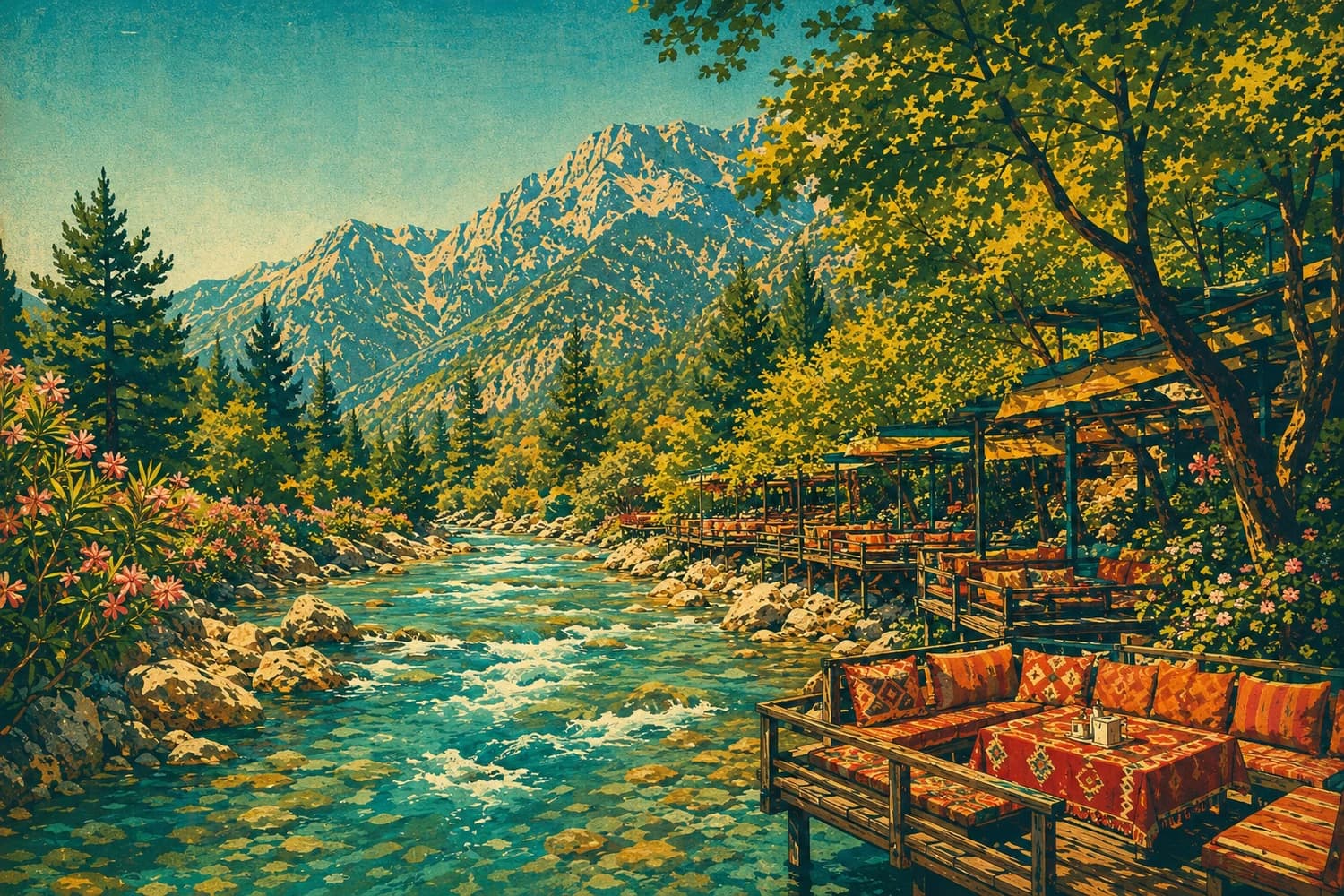 L'eau froide et la vallée de la rivière Dim, dans le style d'une affiche de voyage vintage