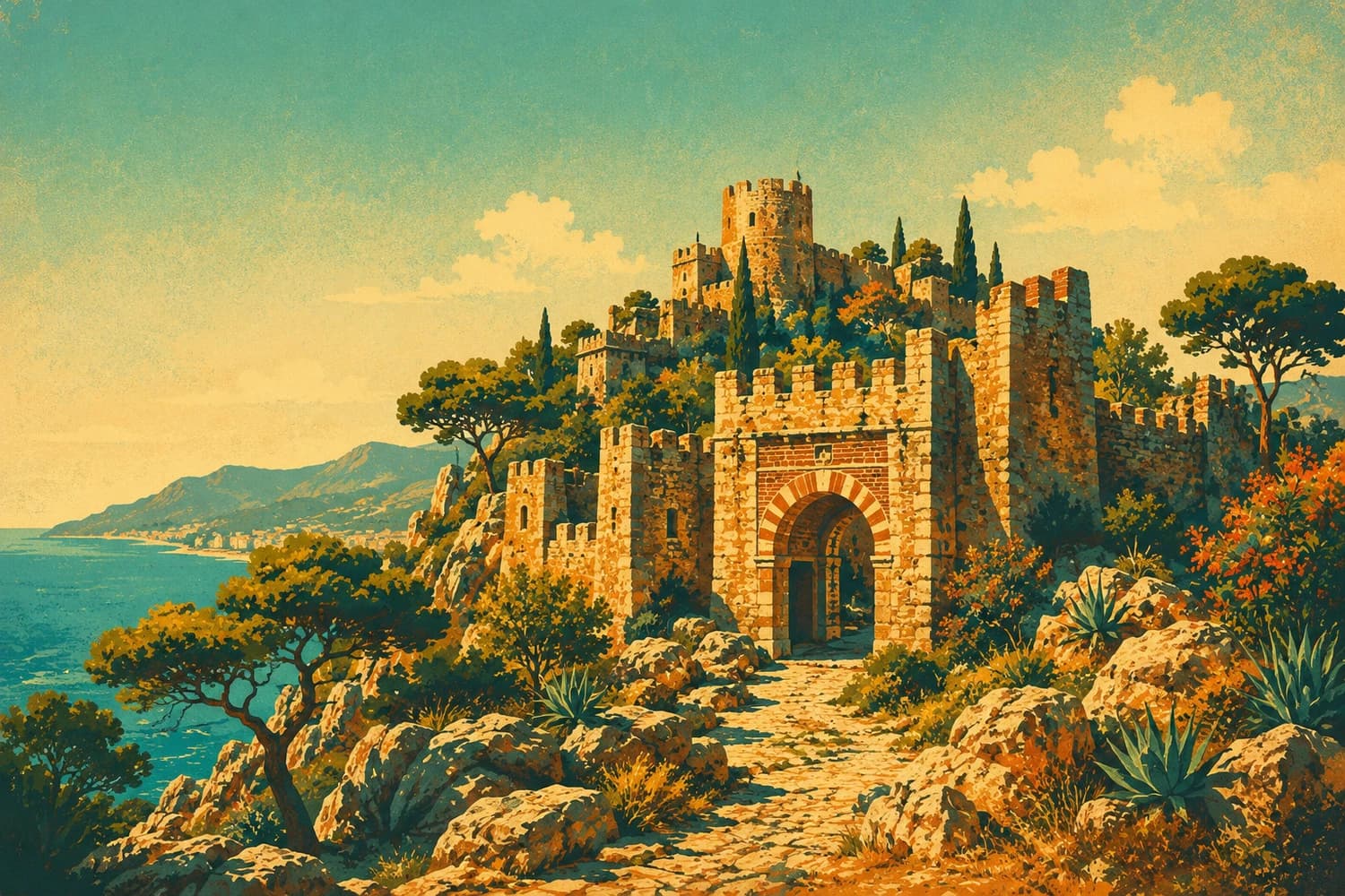 Les tours d'Ehmedek et la ligne des montagnes, dans le style d'une affiche de voyage vintage
