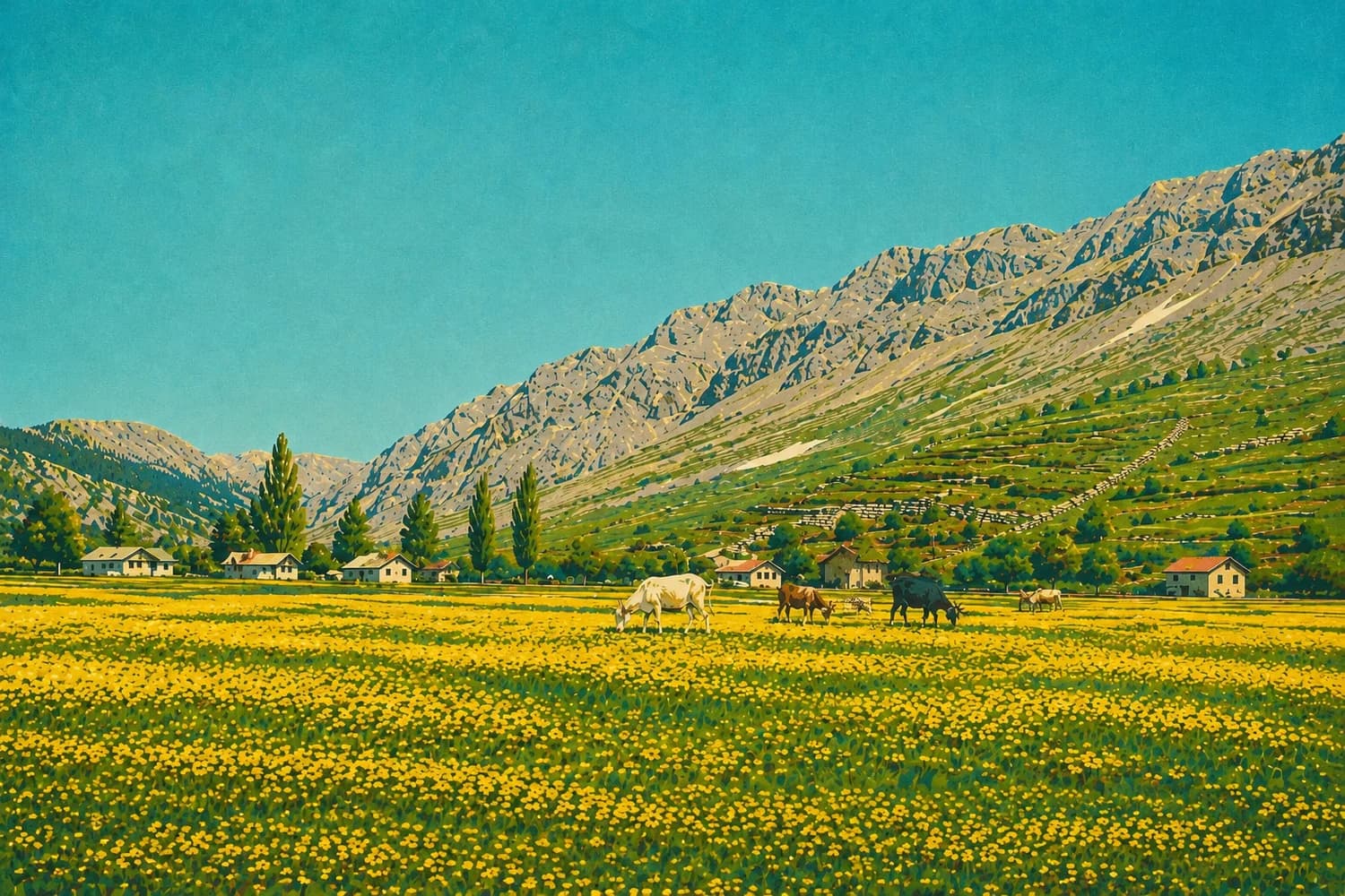 Gökbel Yaylası'nın çam ormanı ve yayla düzlüğü, vintage seyahat afişi tarzında