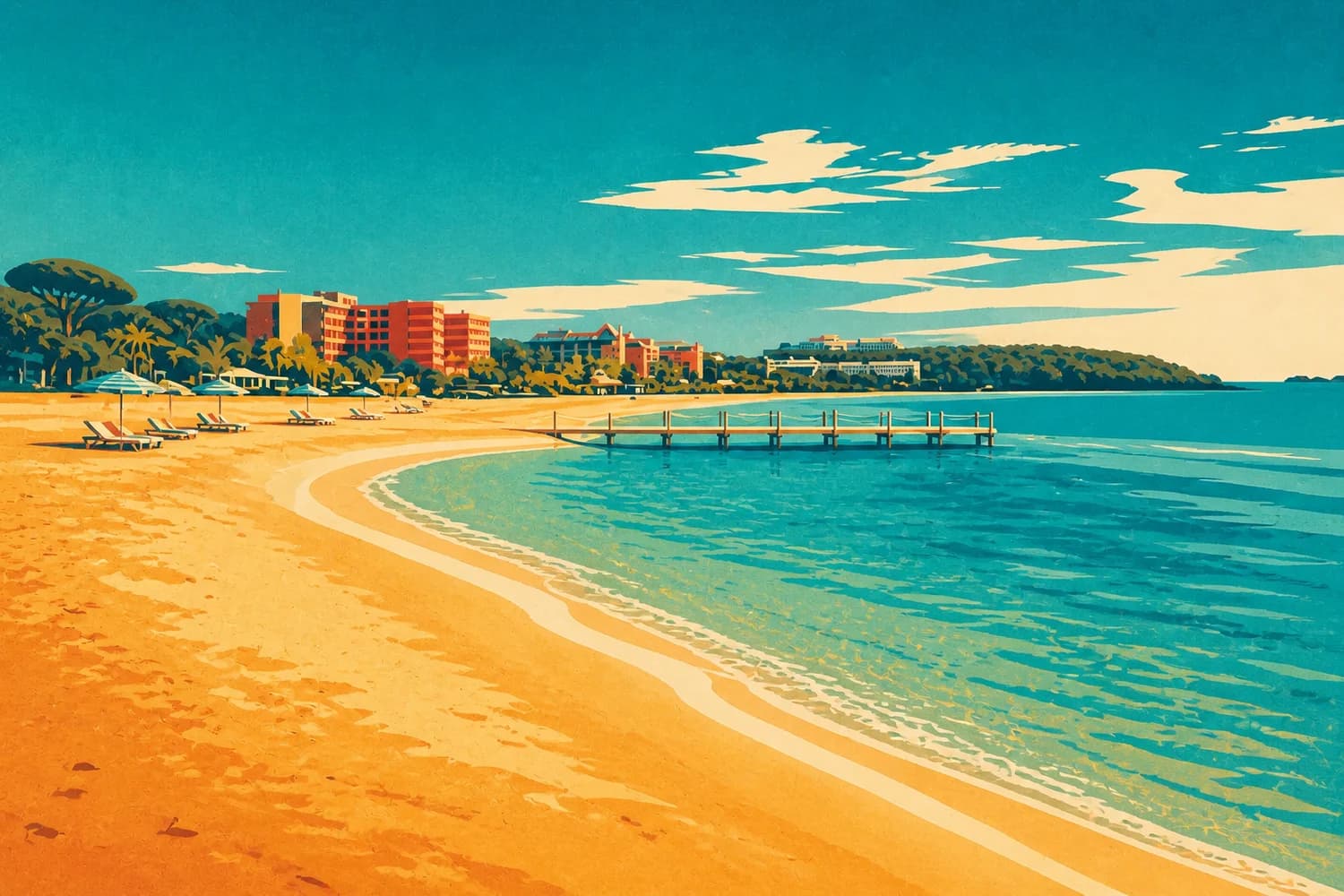 Le sable fin et les pins de la plage d'İncekum, dans le style d'une affiche de voyage vintage
