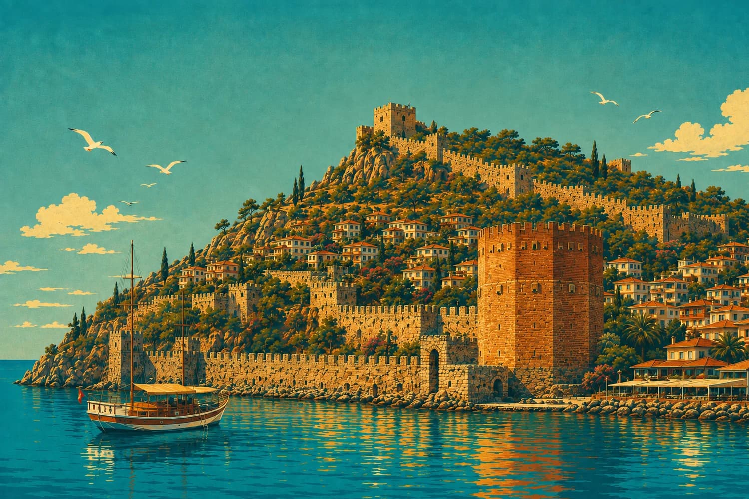 La Kızılkule octogonale au-dessus du port, dans le style d'une affiche de voyage vintage