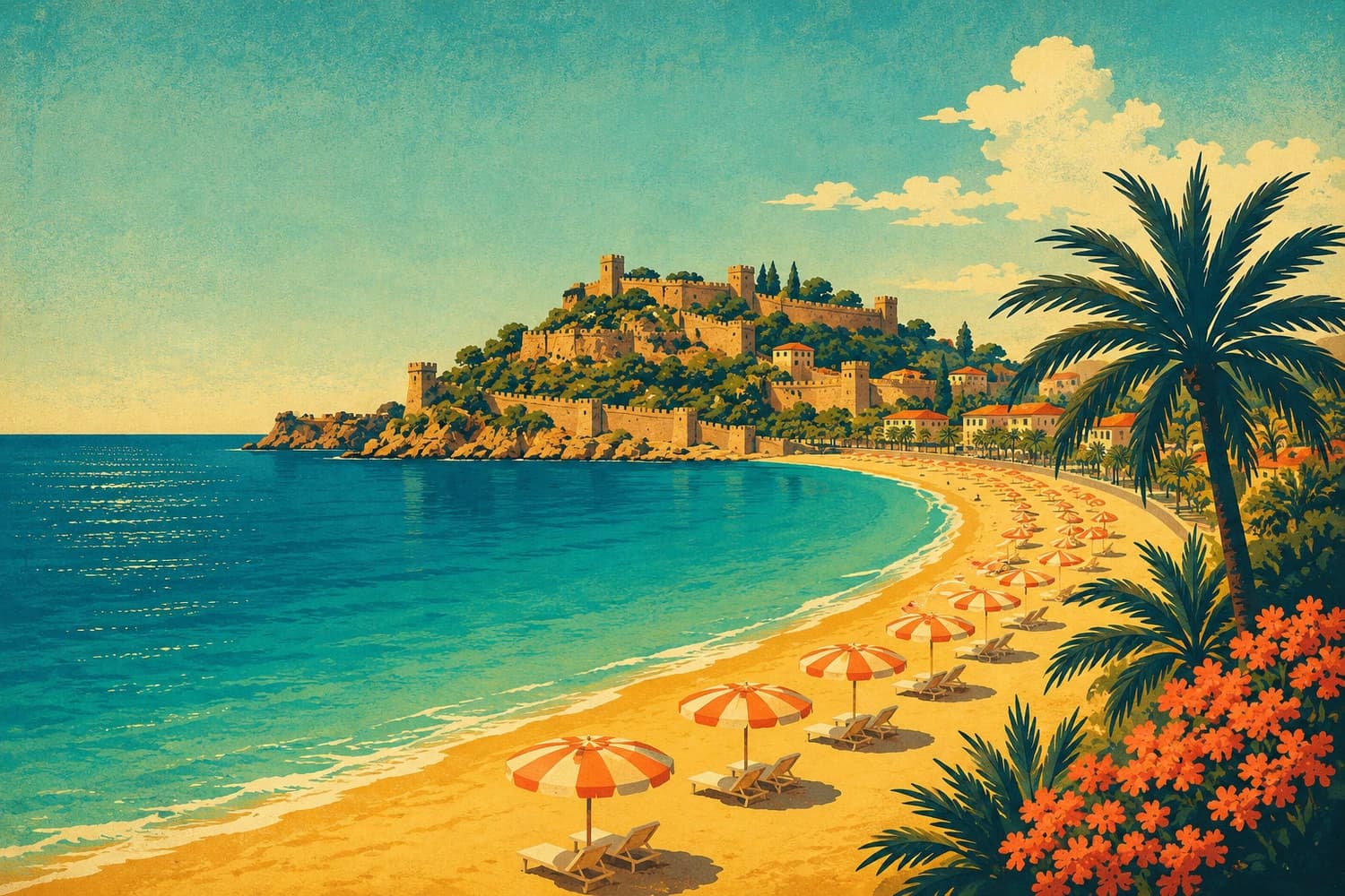 Kleopatra Plajı'nın kumsalı ve yarımada silueti, vintage seyahat afişi tarzında