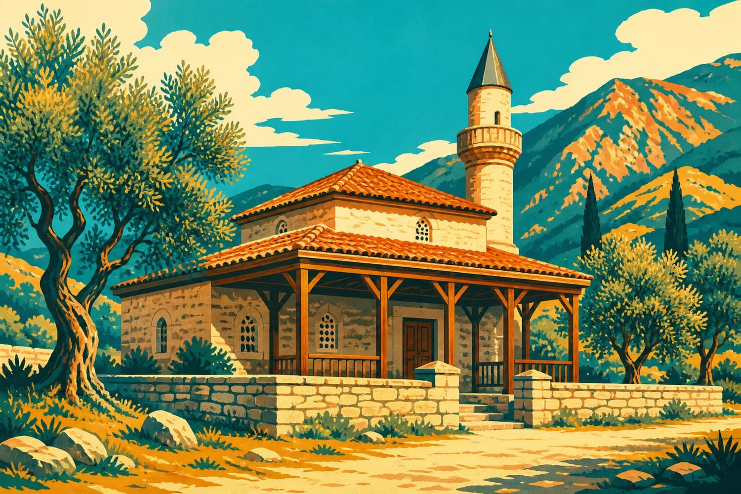 Mahmutseydi Camii'nin ahşap direkleri ve dağ köyü, vintage seyahat afişi tarzında