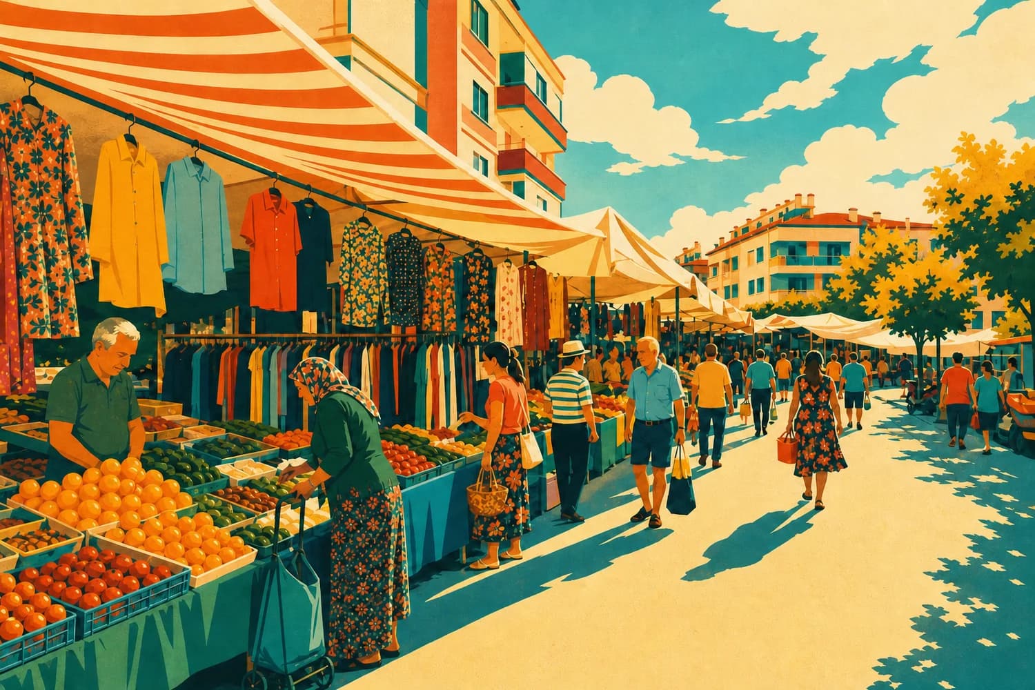 Oba pazarında meyve tezgâhları, vintage seyahat afişi tarzında
