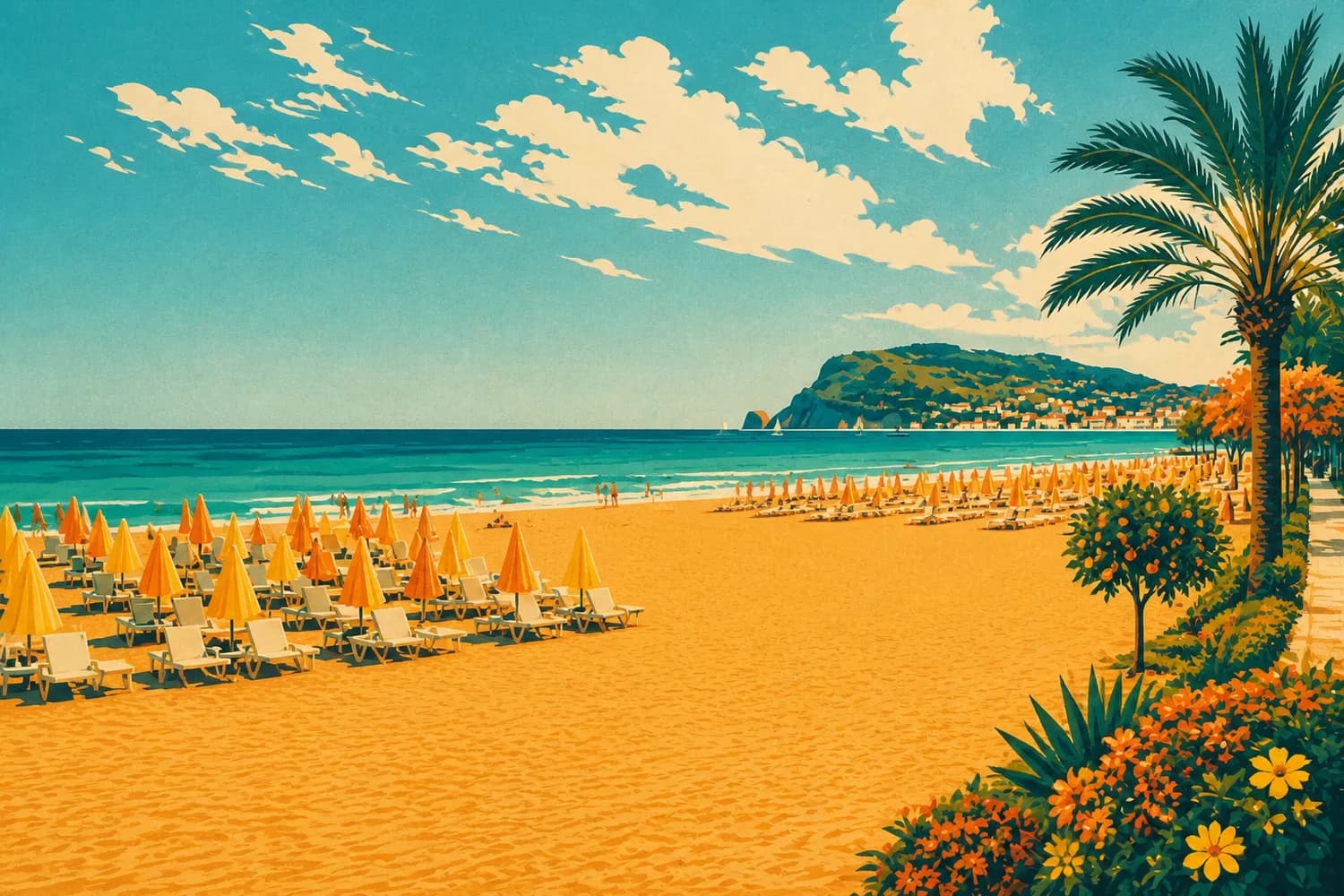 La planche à voile au large de la plage de Portakal, sur le rivage est, dans le style d'une affiche de voyage vintage
