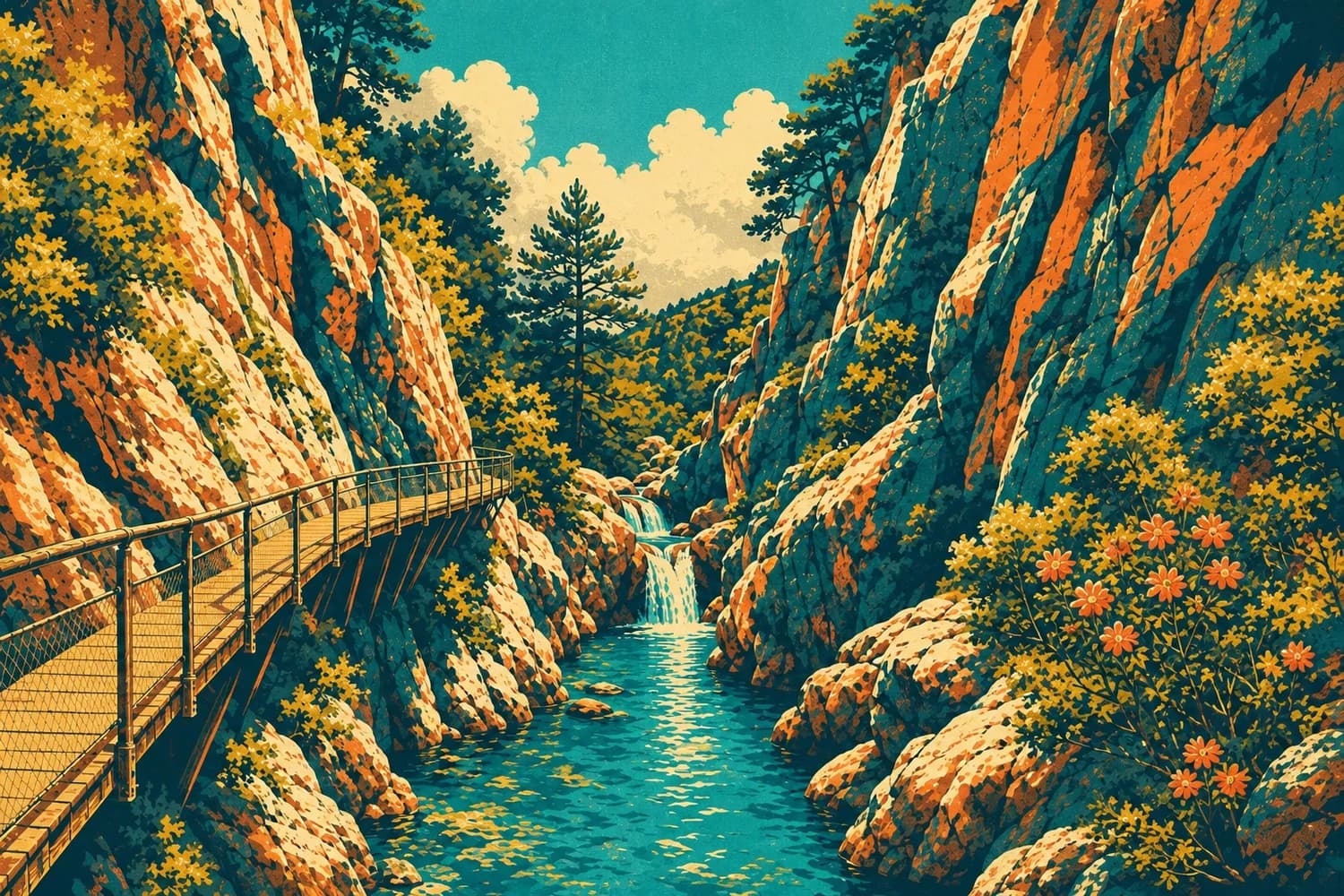 La passerelle et les parois étroites du canyon de Sapadere, dans le style d'une affiche de voyage vintage