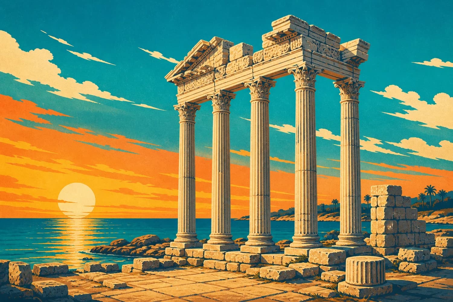 Les colonnes en bord de mer du temple d'Apollon à Side, dans le style d'une affiche de voyage vintage