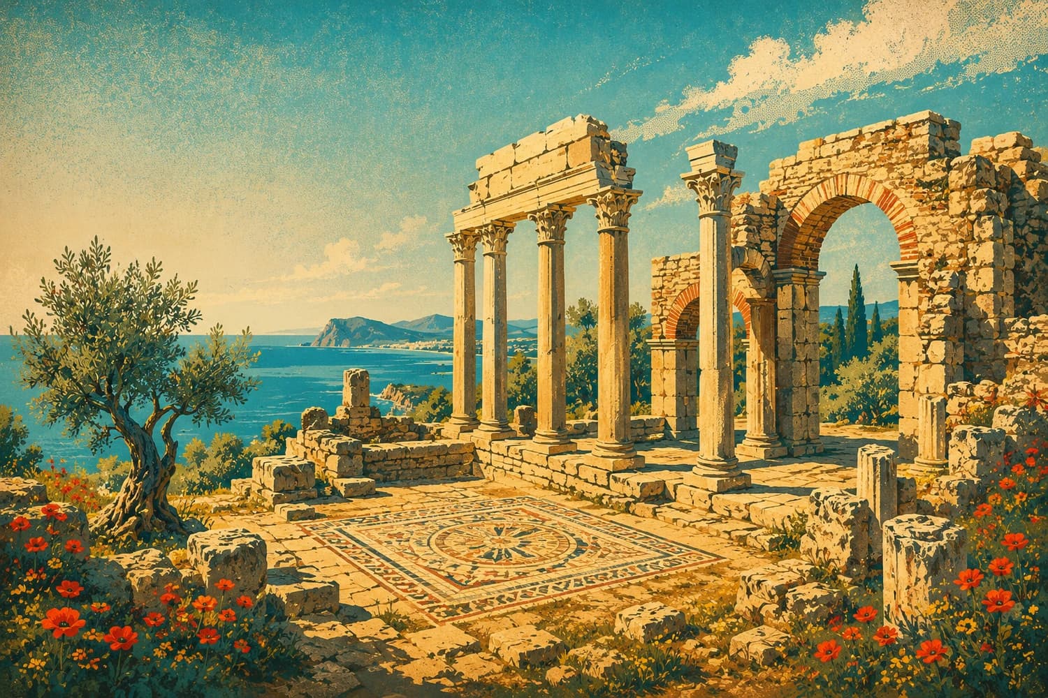 La rue à colonnades de l'antique Syedra au-dessus de la mer, dans le style d'une affiche de voyage vintage
