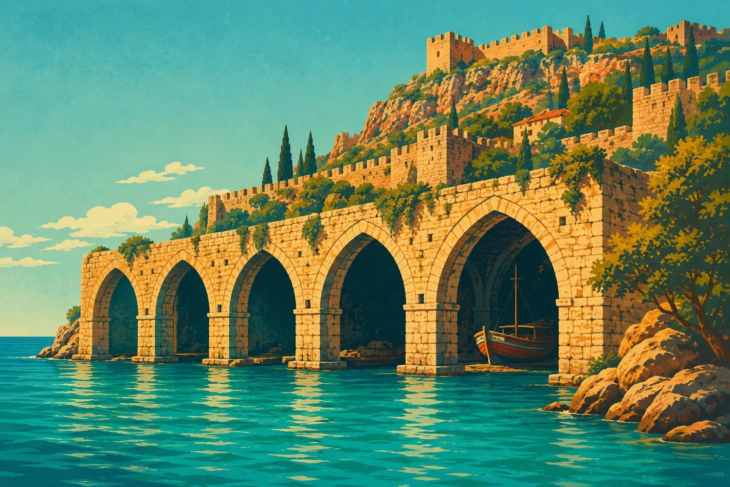 Les cinq arches du chantier naval seldjoukide, dans le style d'une affiche de voyage vintage