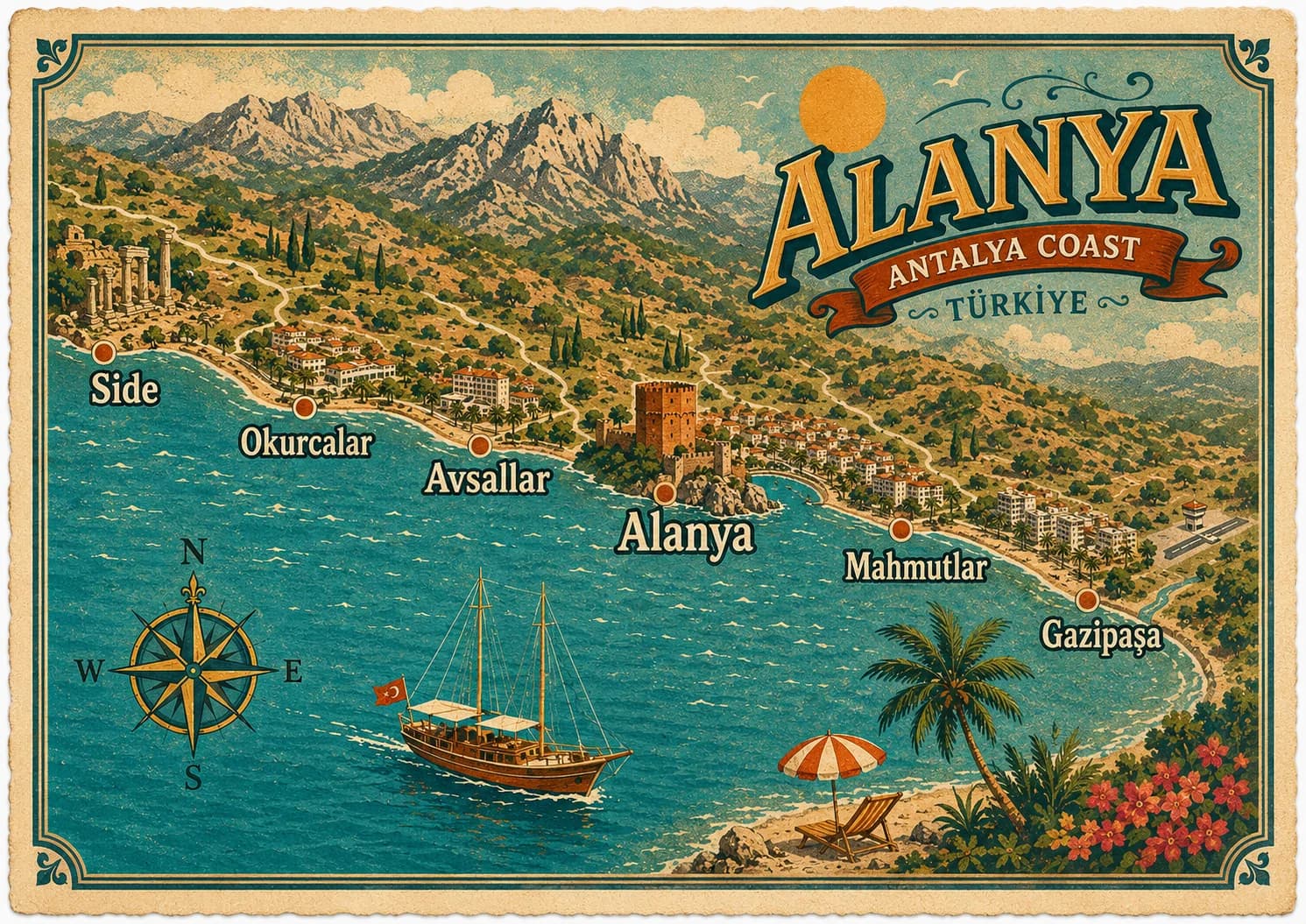 Carte de la côte d'Alanya et de l'est d'Antalya