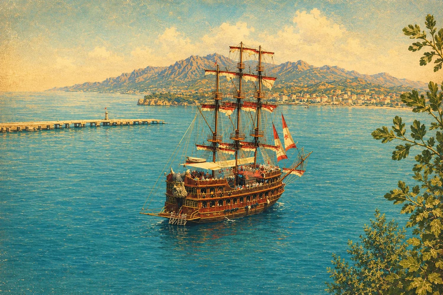 Alanya açıklarında koya demirlemiş korsan temalı tekne, güvertesinde yüzme molası veren yolcular